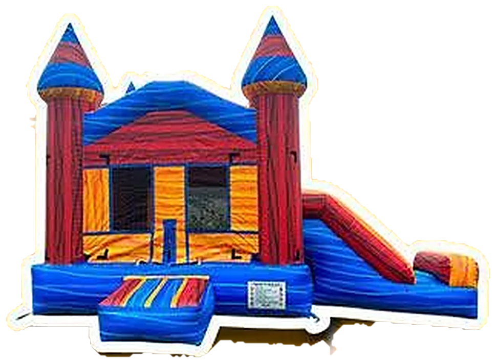 Castillo inflable rojo y azul con chorrera lateral