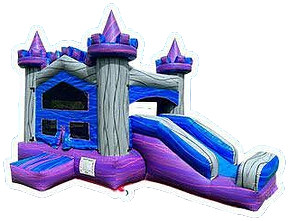 Castillo inflable violeta y gris con chorrera lateral
