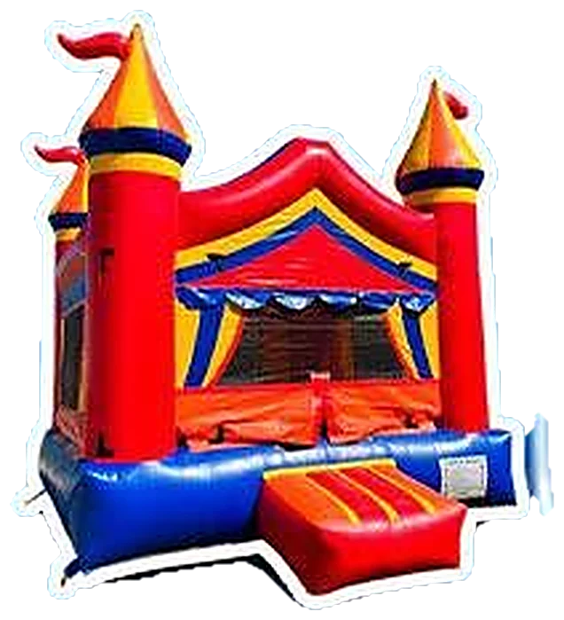 Castillo inflable 13x13 con techo de circo en rojo y amarillo