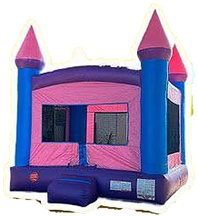 Castillo inflable 13x13 en rosa y morado con torres